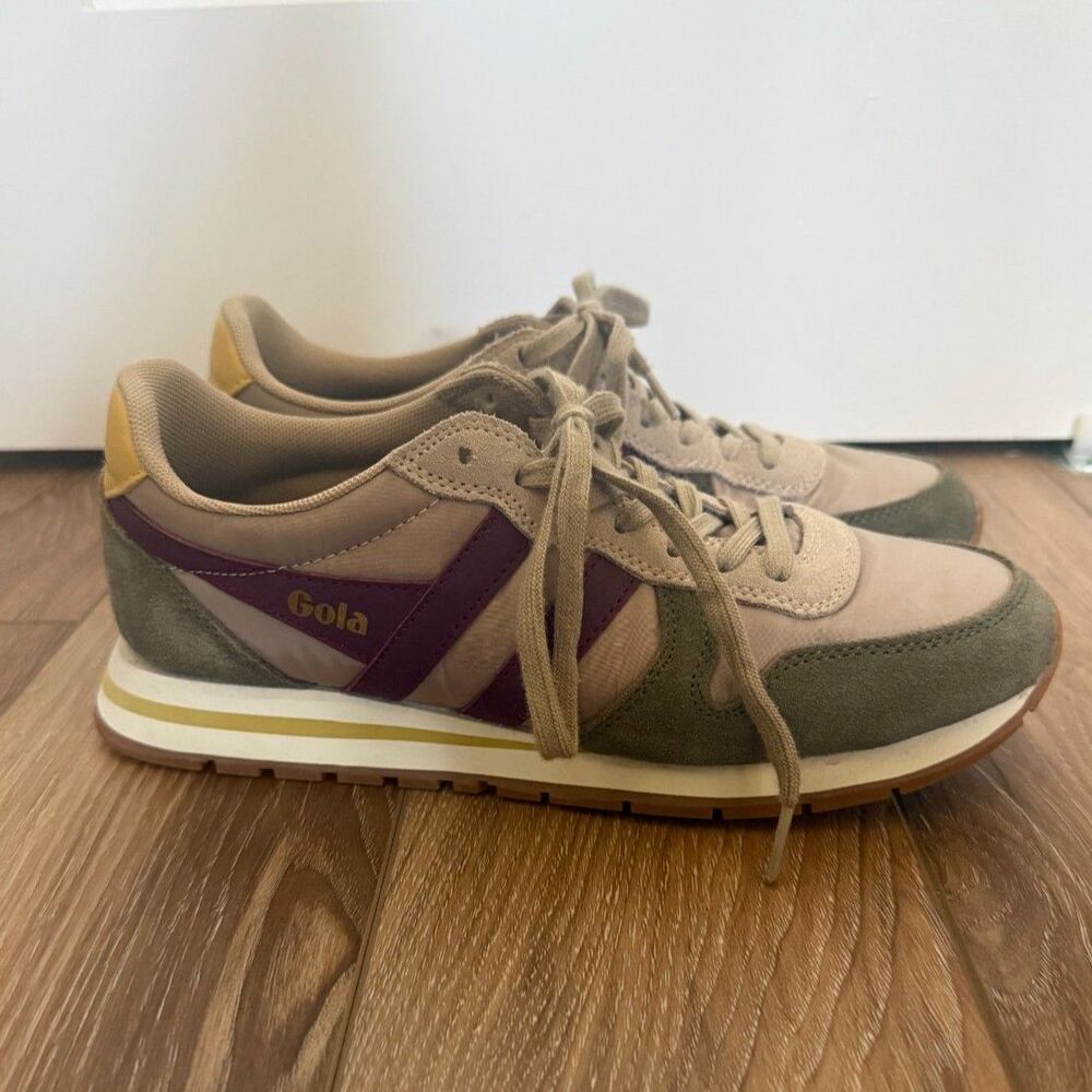 Gola Daytona Chute Retro Sneakers, Womens 6.5Taupe, Olive Suede & Plum, Gum Sole